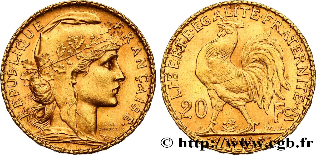 20 francs or Coq, Dieu protège la France 1904 Paris F.534/9 AU52 