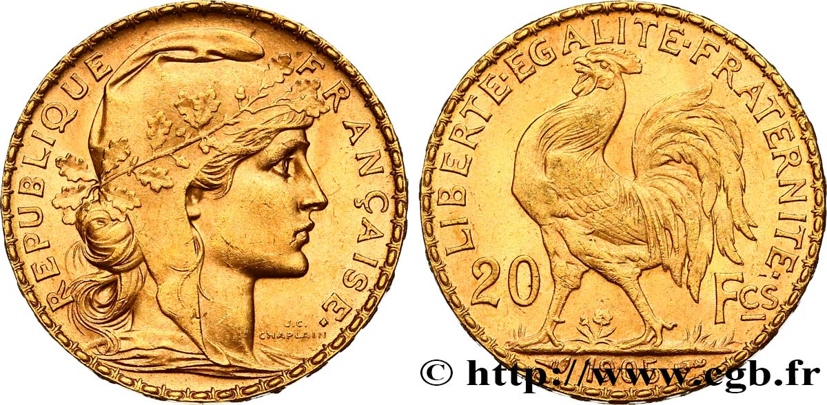 20 francs or Coq, Dieu protège la France 1905 Paris F.534/10 EBC55 