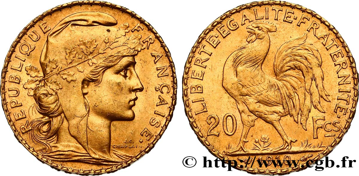 20 francs or Coq, Liberté Égalité Fraternité 1910 Paris F.535/4 SPL55 