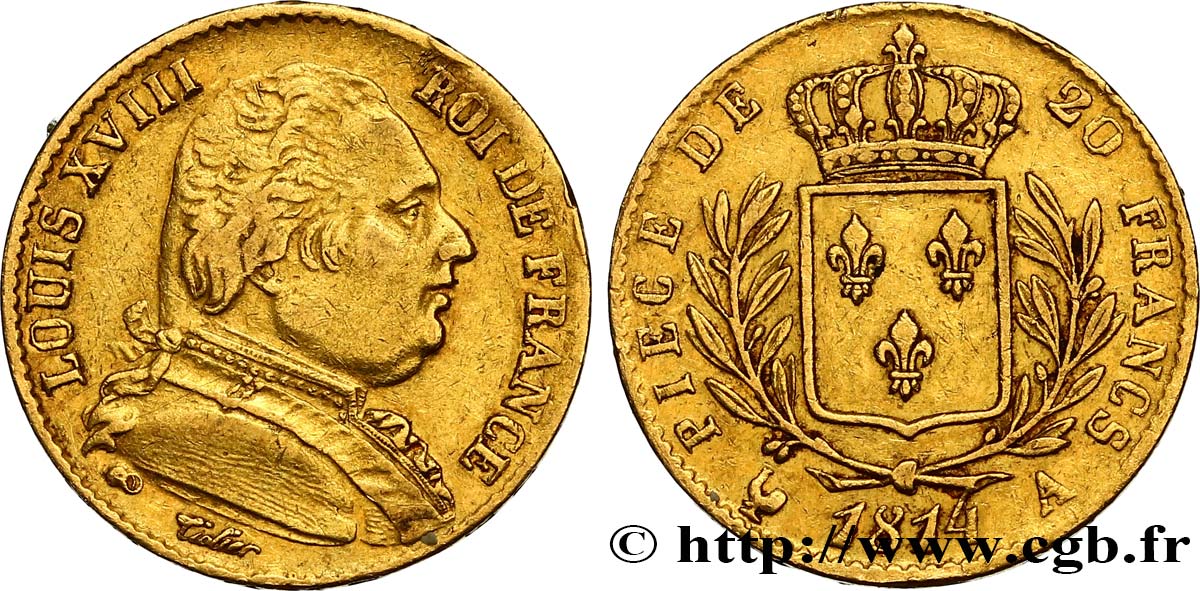 20 francs or Louis XVIII, buste habillé 1814 Paris F.517/1 SS42 