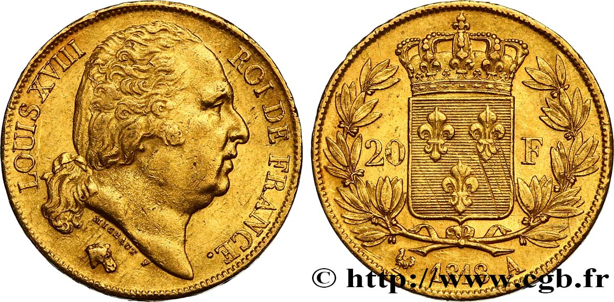 20 francs or Louis XVIII, tête nue 1818 Paris F.519/10 AU50 