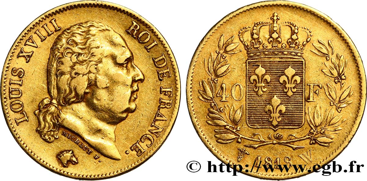 40 francs or Louis XVIII 1818 Lille F.542/8 MBC40 