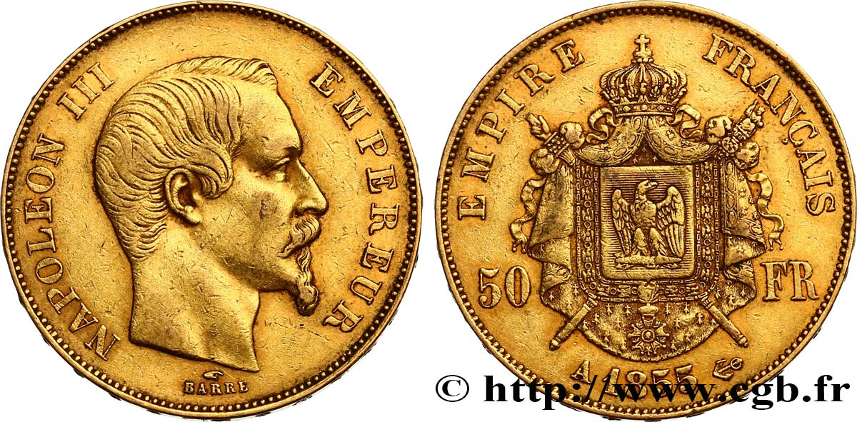 50 francs or Napoléon III, tête nue 1855 Paris F.547/1 BB45 