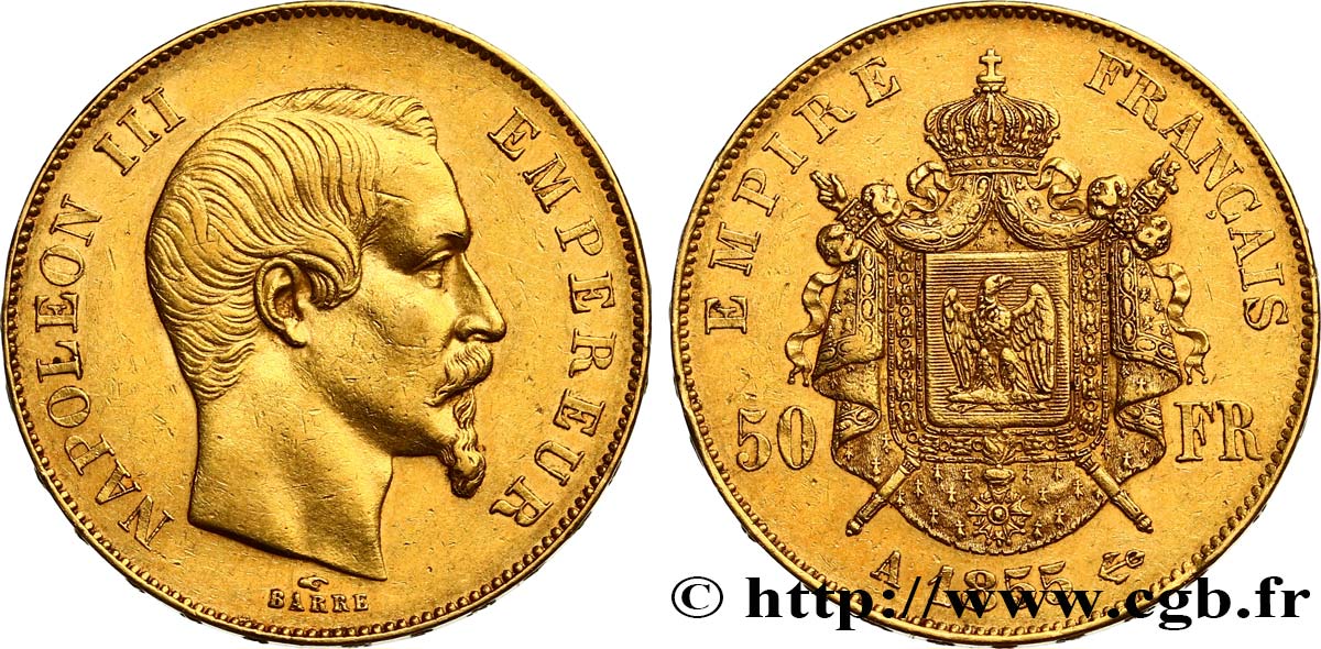 50 francs or Napoléon III, tête nue 1855 Paris F.547/1 BB48 
