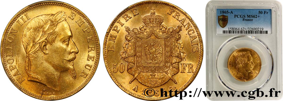 50 francs or Napoléon III, tête laurée 1865 Paris F.548/5 EBC62 PCGS