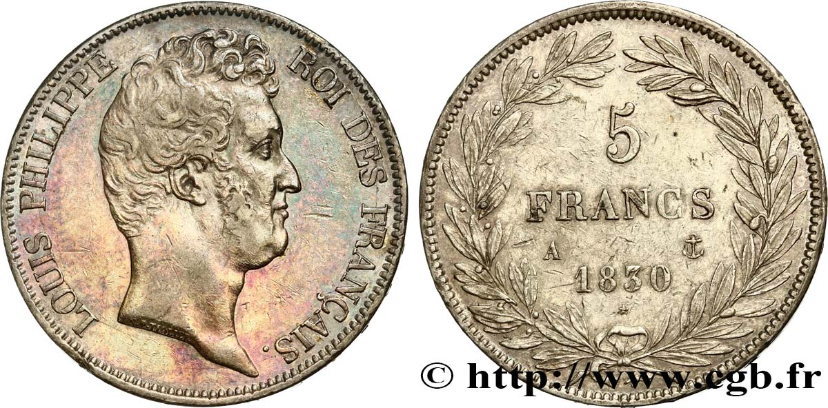 5 francs type Tiolier sans le I, tranche en creux 1830 Paris F.313/1 TTB50 