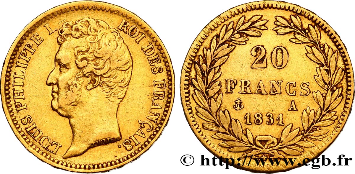 20 francs or Louis-Philippe, Tiolier, tranche inscrite en relief 1831 Paris F.525/2 BB40 