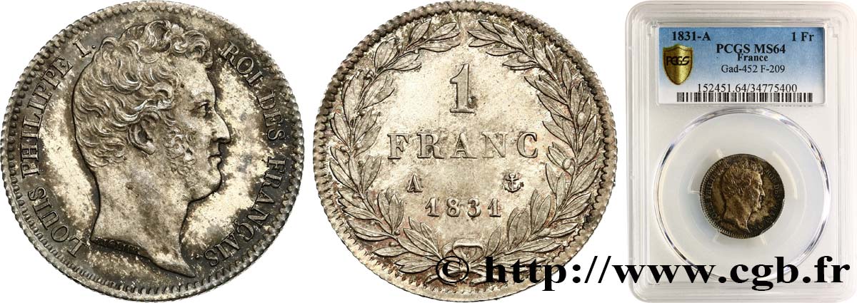 1 franc Louis-Philippe, tête nue 1831 Paris F.209/1 MS64 PCGS