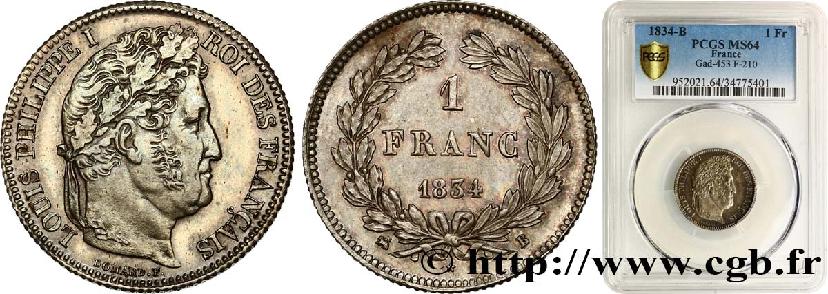 1 franc Louis-Philippe, couronne de chêne 1834 Rouen F.210/28 fST64 PCGS
