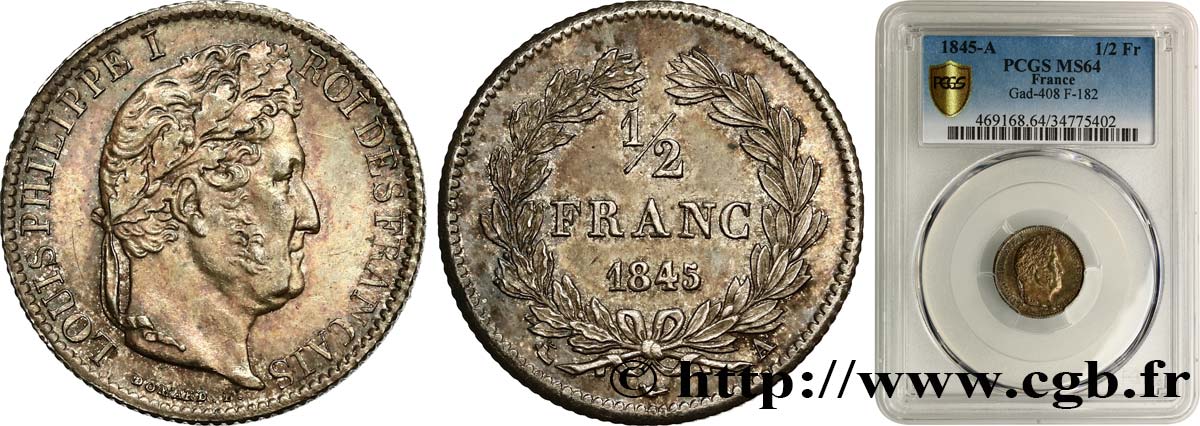 1/2 franc Louis-Philippe 1845 Paris F.182/108 fST64 PCGS
