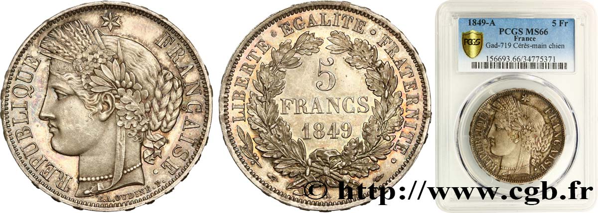 5 francs Cérès, IIe République 1849 Paris F.327/1 MS66 PCGS