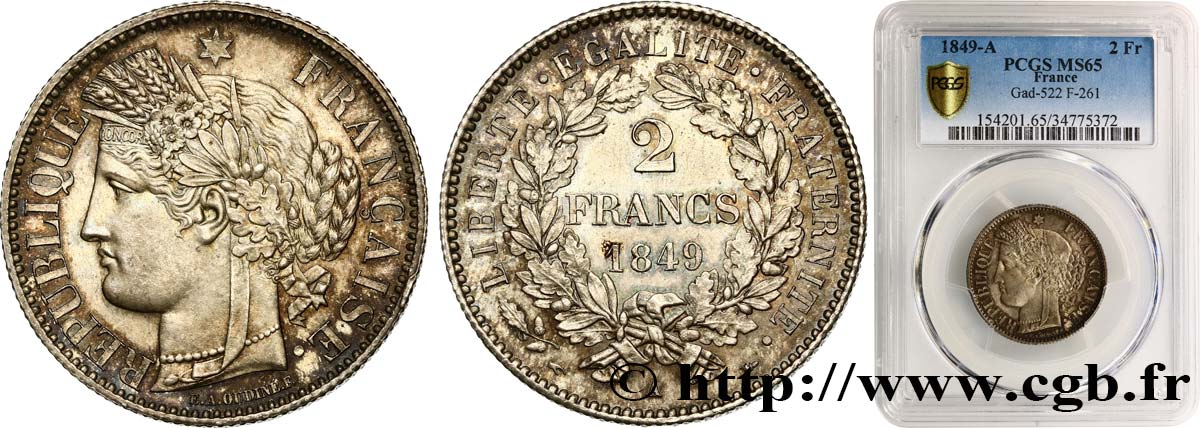 2 francs Cérès, IIe République 1849 Paris F.261/1 FDC65 PCGS