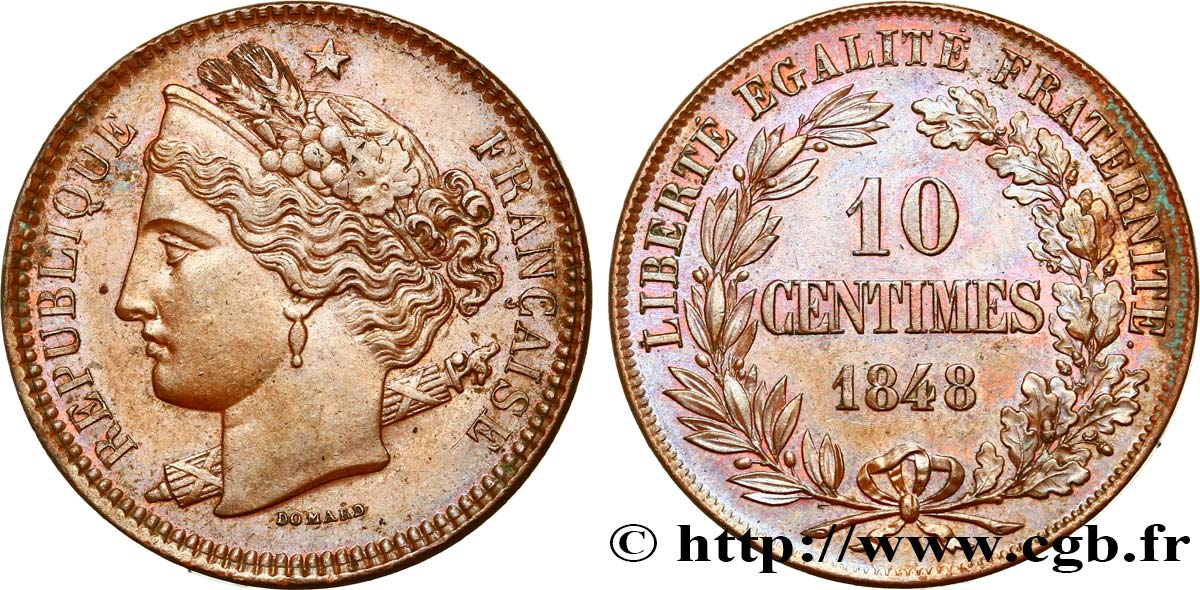 Concours de 10 centimes, essai en cuivre par Domard, premier avers, premier revers 1848 Paris VG.3138 var. SUP 