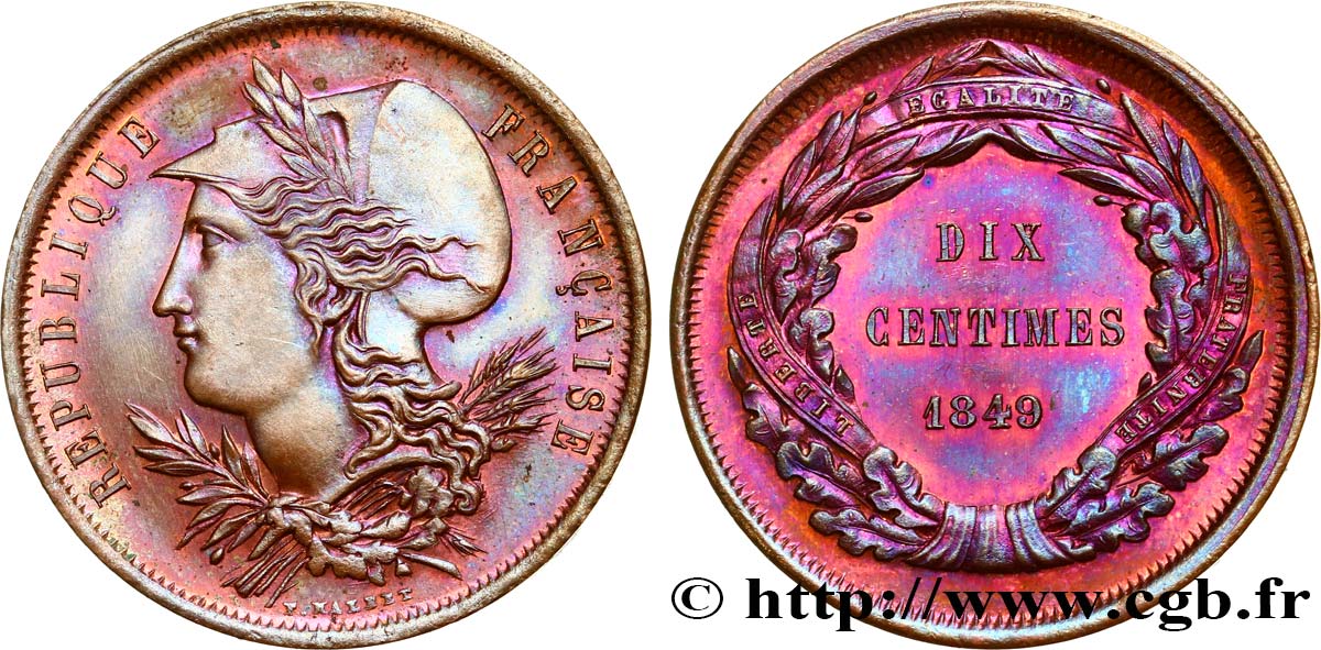 Concours de 10 centimes, essai en bronze par Malbet 1849 Paris VG.3144   EBC62 