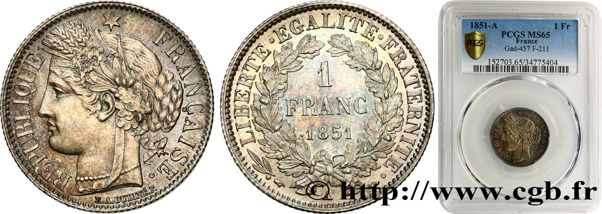 1 franc Cérès, IIe République 1851 Paris F.211/9 FDC65 PCGS