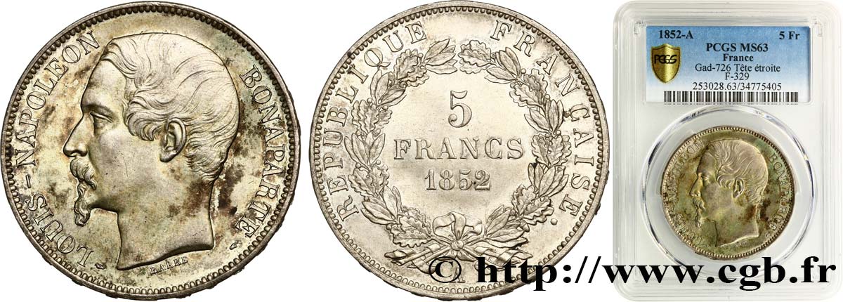 5 francs Louis-Napoléon, 1er type 1852 Paris F.329/1 fST63 PCGS