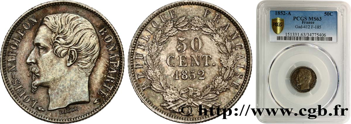 50 centimes Louis-Napoléon 1852 Paris F.185/1 fST63 PCGS