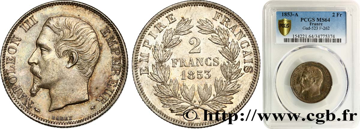 2 francs Napoléon III, tête nue 1853 Paris F.262/1 fST64 PCGS