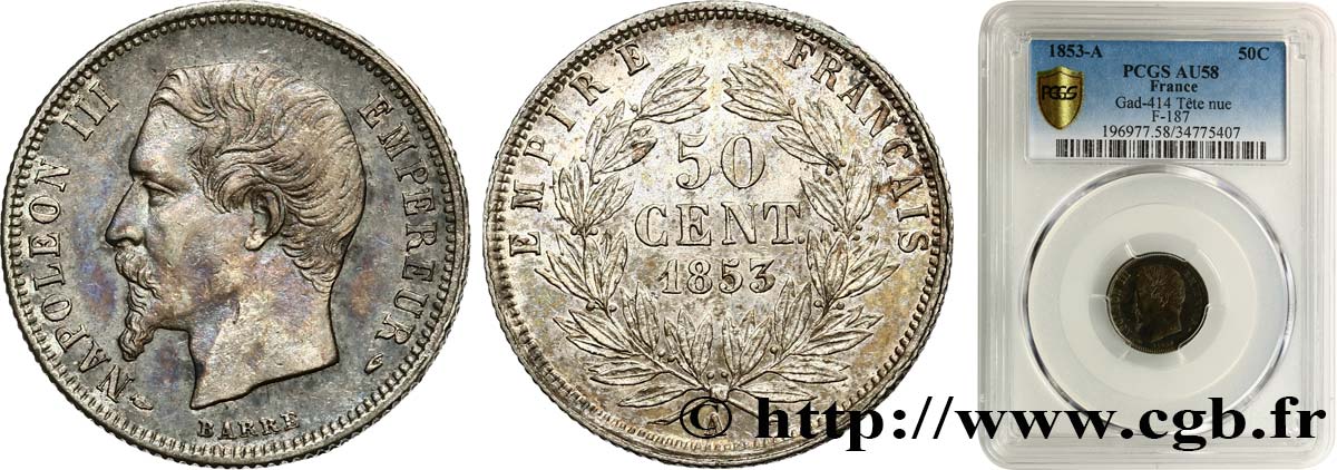 50 centimes Napoléon III, tête nue 1853 Paris F.187/1 VZ58 PCGS