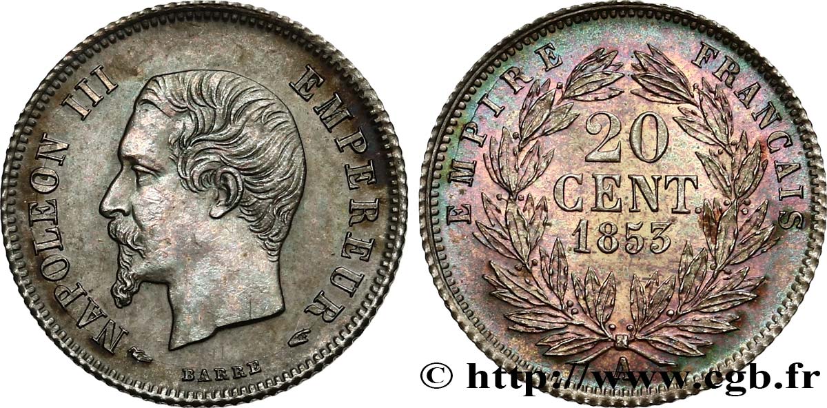 20 centimes Napoléon III, tête nue 1853 Paris F.148/1 SPL62 
