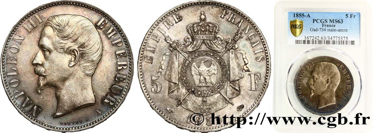 5 francs Napoléon III, tête nue 1855 Paris F.330/3 SC63 PCGS
