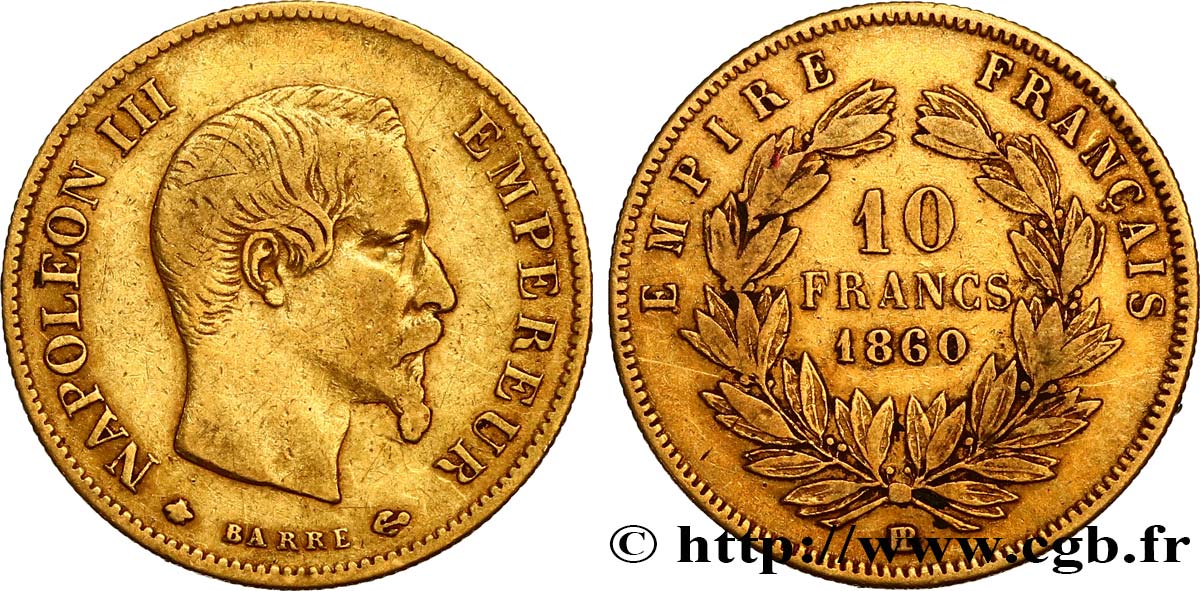 10 francs or Napoléon III, tête nue 1860 Strasbourg F.506/11 VF35 