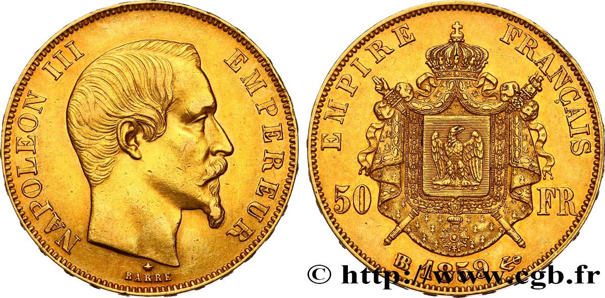 50 francs or Napoléon III, tête nue 1859 Strasbourg F.547/8 AU50 