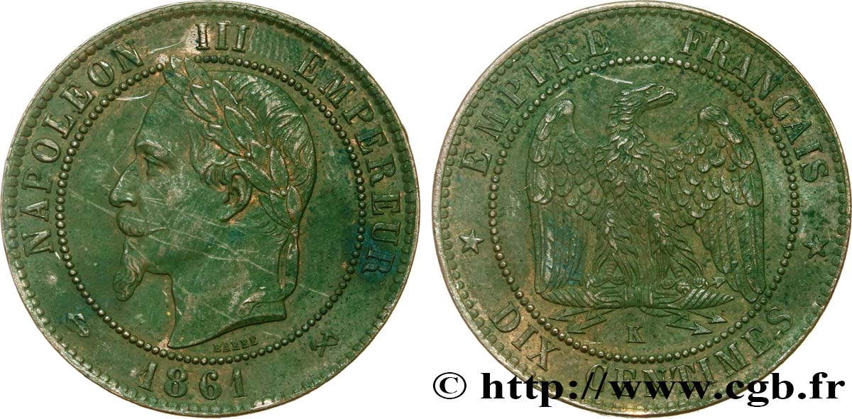 Dix centimes Napoléon III, tête laurée 1861 Bordeaux F.134/6 BB52 