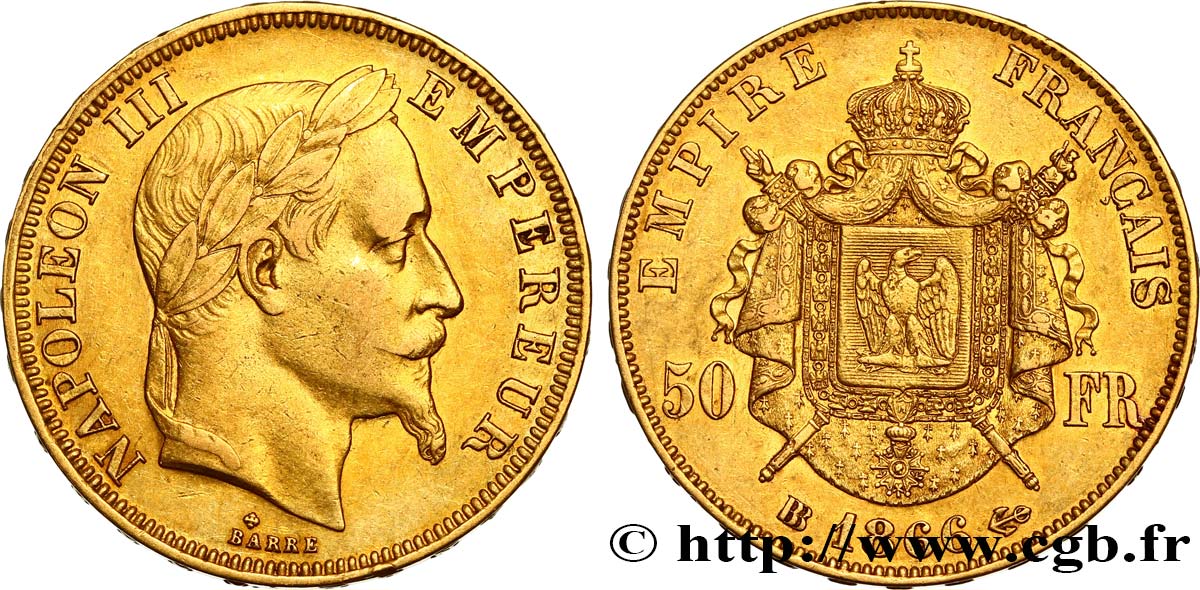 50 francs or Napoléon III, tête laurée 1866 Strasbourg F.548/7 SS45 