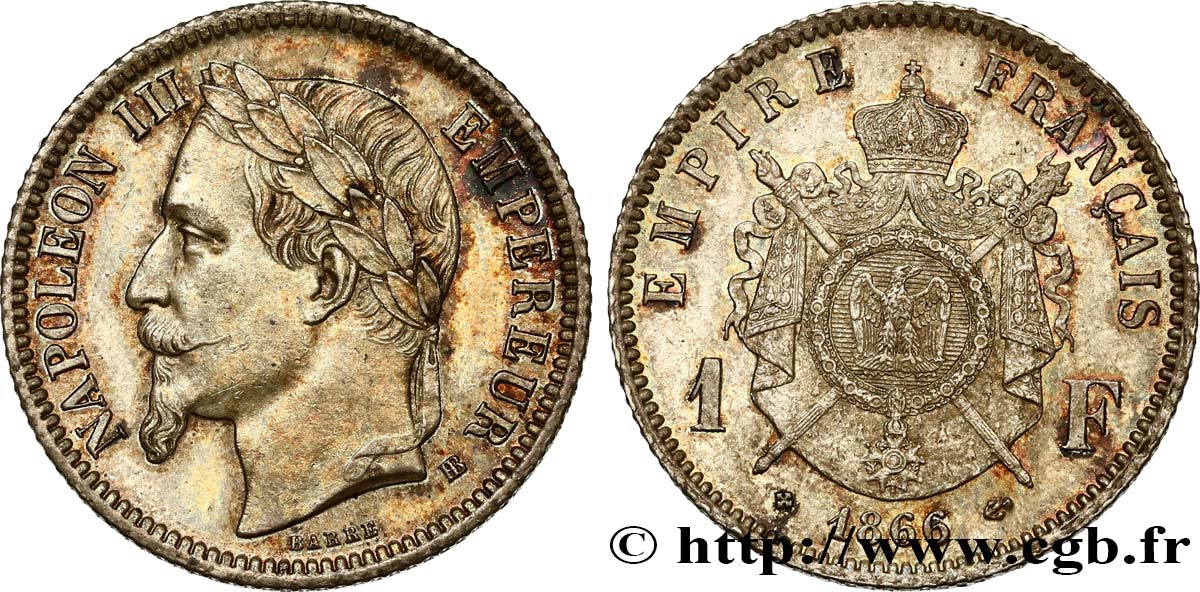1 franc Napoléon III, tête laurée 1866 Strasbourg F.215/2 SUP62 