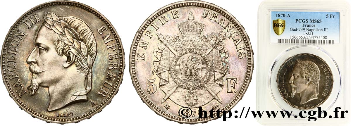 5 francs Napoléon III, tête laurée 1870 Paris F.331/16 MS65 PCGS