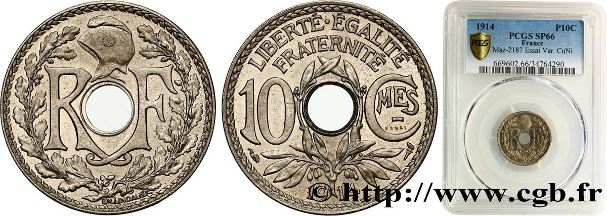 Essai de 10 centimes Lindauer, Cmes souligné, Cupro-Nickel 1914 Paris GEM.39 6 var. MS66 PCGS