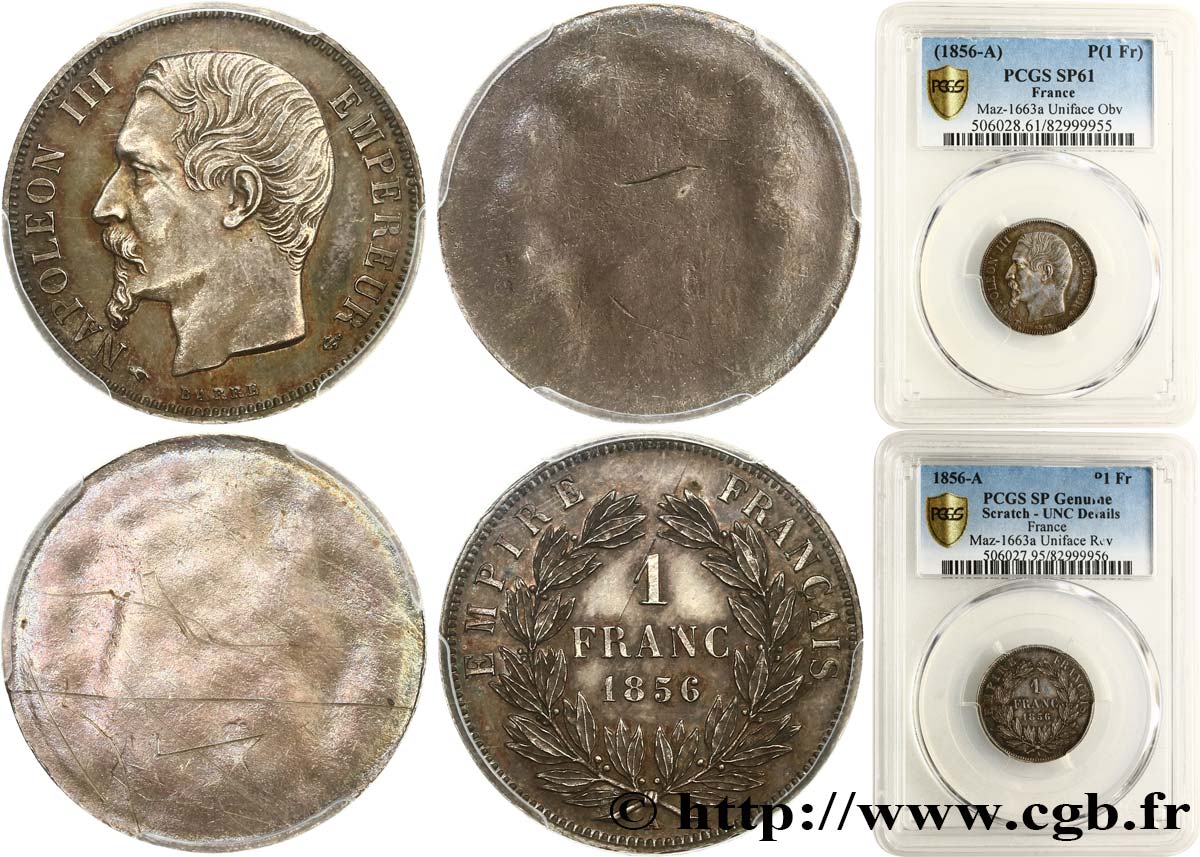 Paire d’essais UNIFACES de 1 franc Napoléon III, tête nue 1856 Paris Maz.1663a Av + Rv SPL+ PCGS