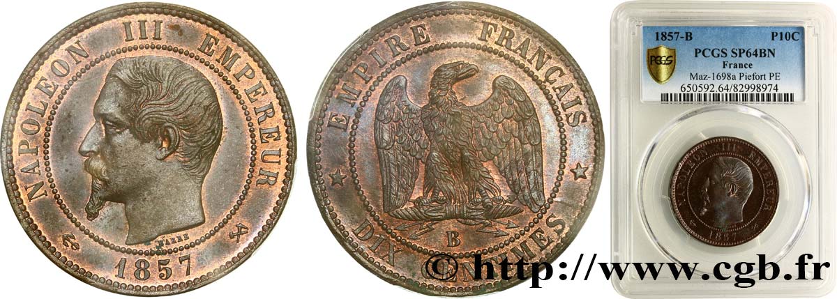 Piéfort de dix centimes en bronze au double de poids 1857 Rouen Maz.1698 a SC64 PCGS