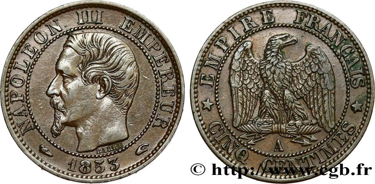 Cinq centimes Napoléon III, tête nue 1853 Paris F.116/1 TTB52 