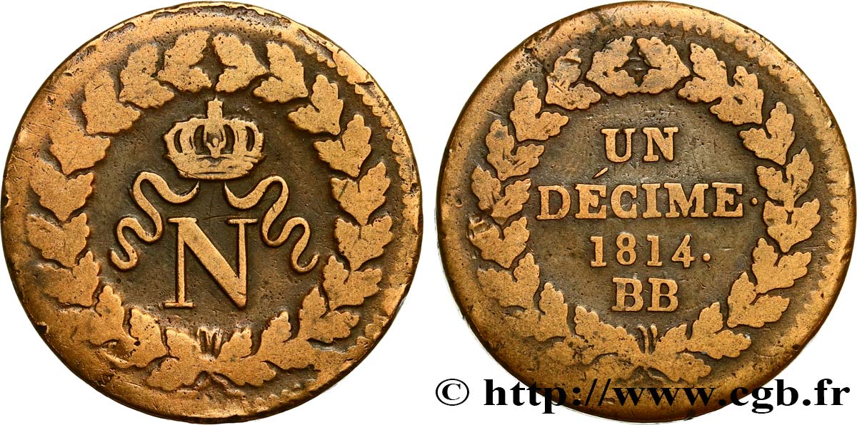 Un décime à l’N couronnée 1814 Strasbourg F.131/3 TB25 