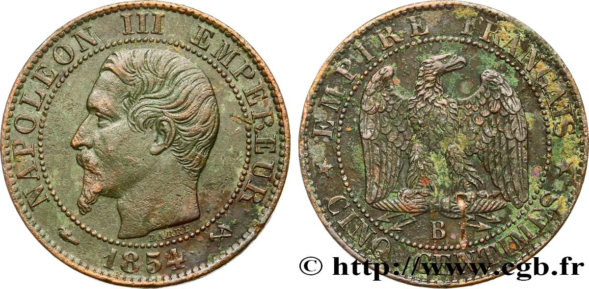 Cinq centimes Napoléon III, tête nue 1854 Rouen F.116/9 BB48 