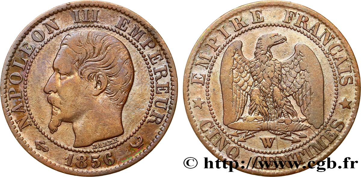 Cinq centimes Napoléon III, tête nue 1856 Lille F.116/36 TB35 