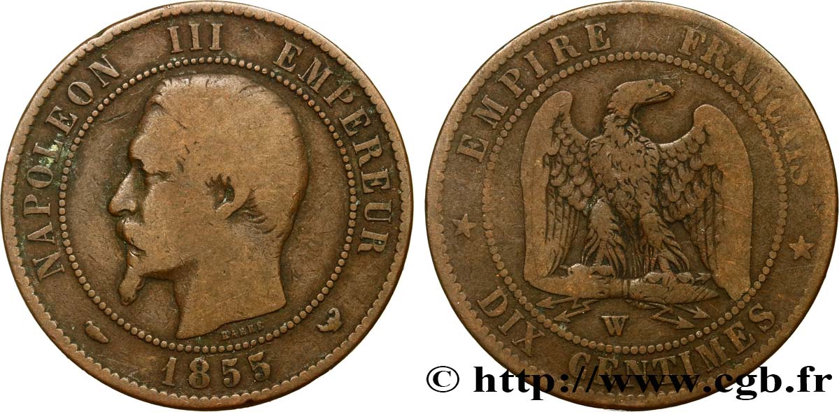 Dix centimes Napoléon III, tête nue 1855 Lille F.133/32 F12 