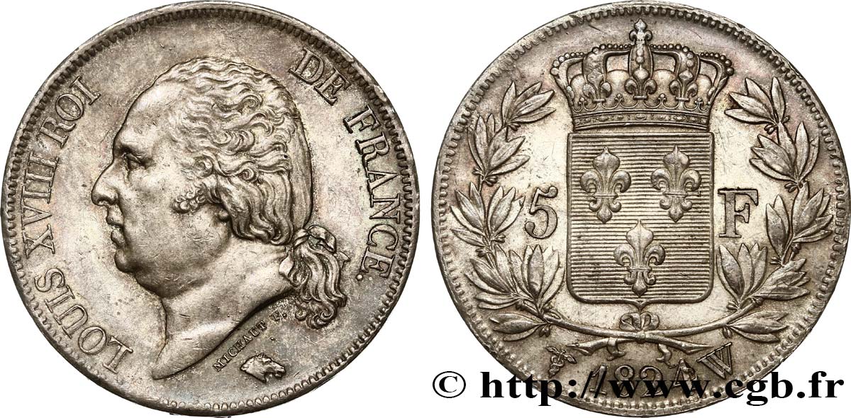 5 francs Louis XVIII, tête nue 1824 Lille F.309/98 AU58 