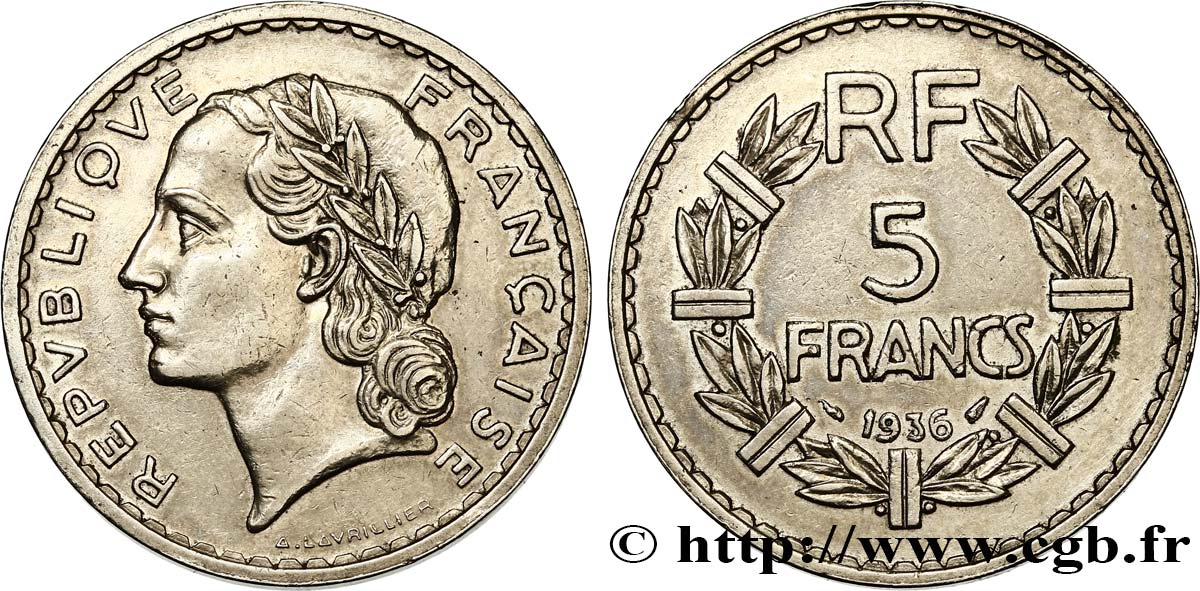 5 francs Lavrillier, nickel 1936  F.336/5 AU50 