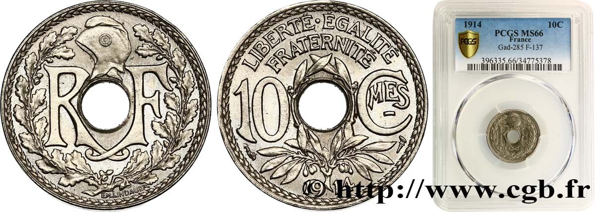 10 centimes Lindauer, Cmes souligné 1914 Paris F.137/2 MS66 PCGS