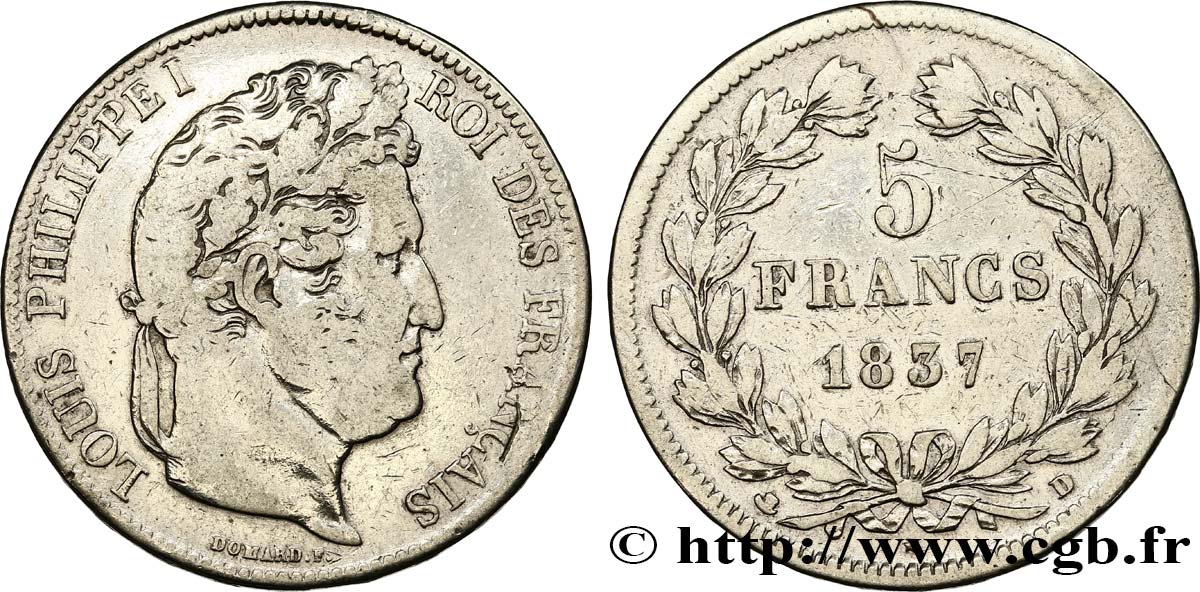5 francs IIe type Domard 1837 Lyon F.324/64 S 