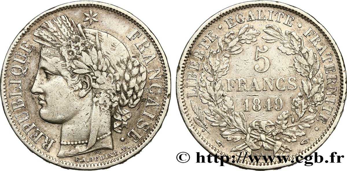 5 francs Cérès, IIe République, Main/Main 1849 Paris F.327/2 VF30 