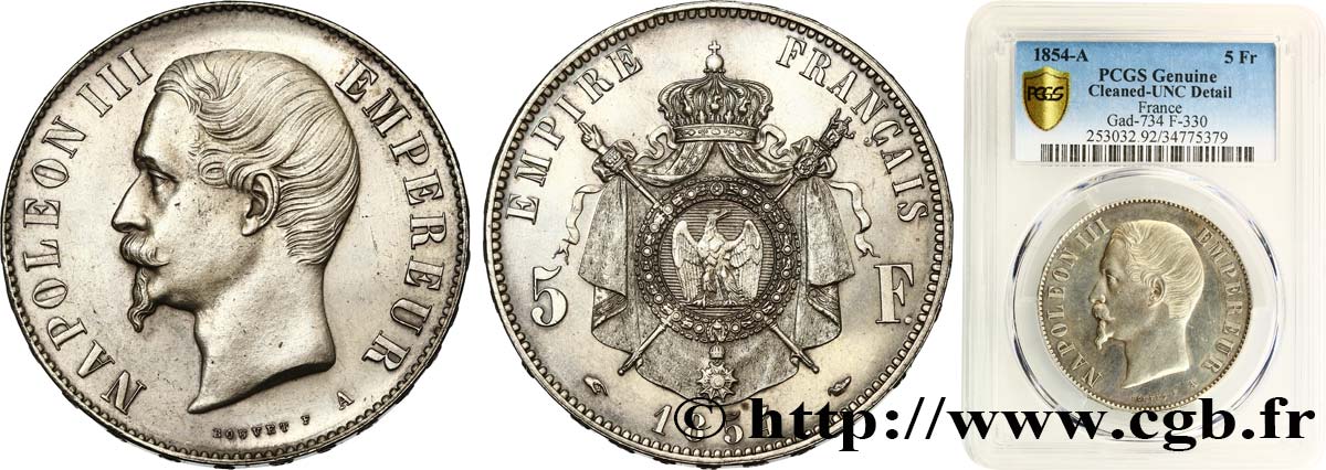 5 francs Napoléon III, tête nue 1854 Paris F.330/1 SPL PCGS