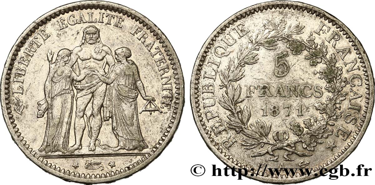 5 francs Hercule, dite “Camélinat” 1871 Paris F.334/3 VF35 