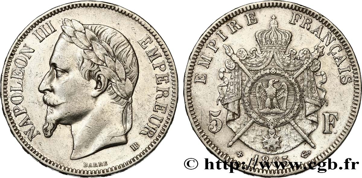 5 francs Napoléon III, tête laurée 1865 Strasbourg F.331/8 XF42 