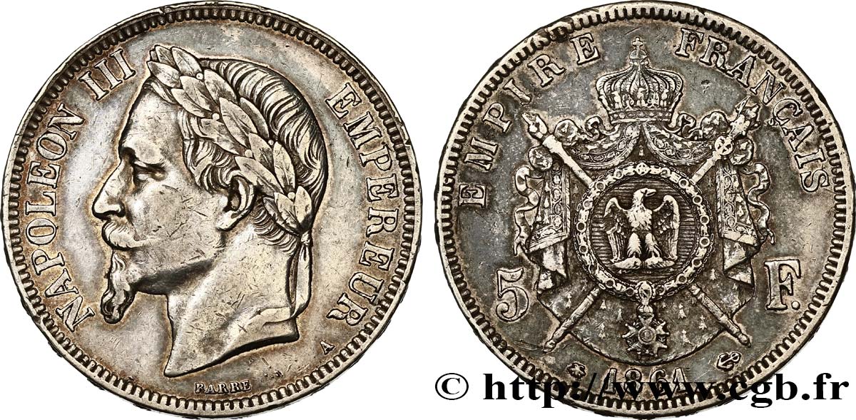 5 francs Napoléon III, tête laurée, petit A 1861 Paris F.331/1 XF40 