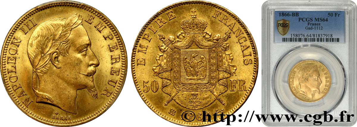 50 francs or Napoléon III, tête laurée 1866 Strasbourg - 453 F.548/7 fST64 PCGS