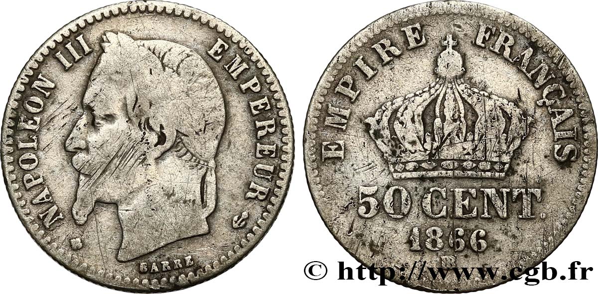 50 centimes Napoléon III, tête laurée 1866 Strasbourg F.188/10 B 